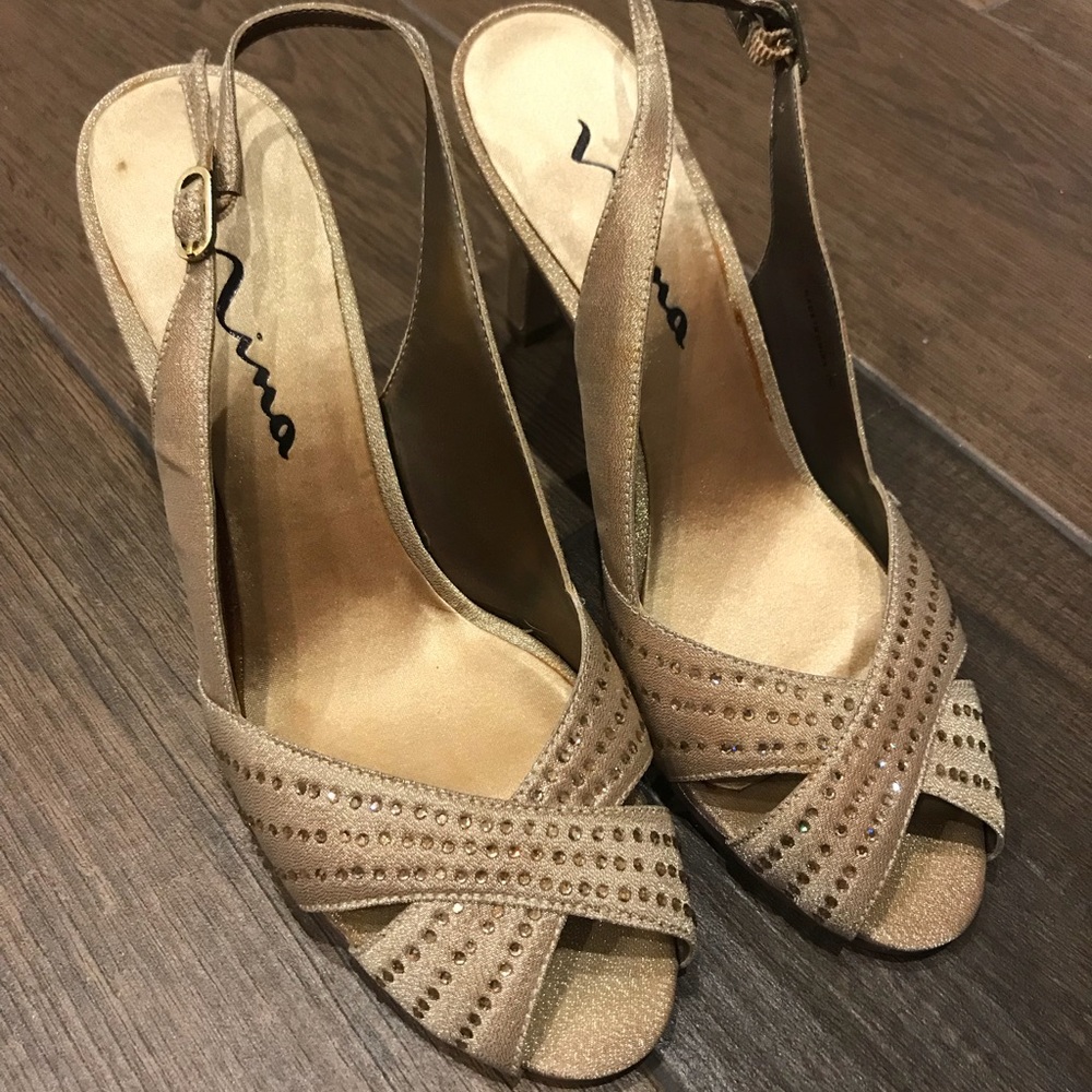 Nina Gold Metallic and Rhinestone Sling-backs